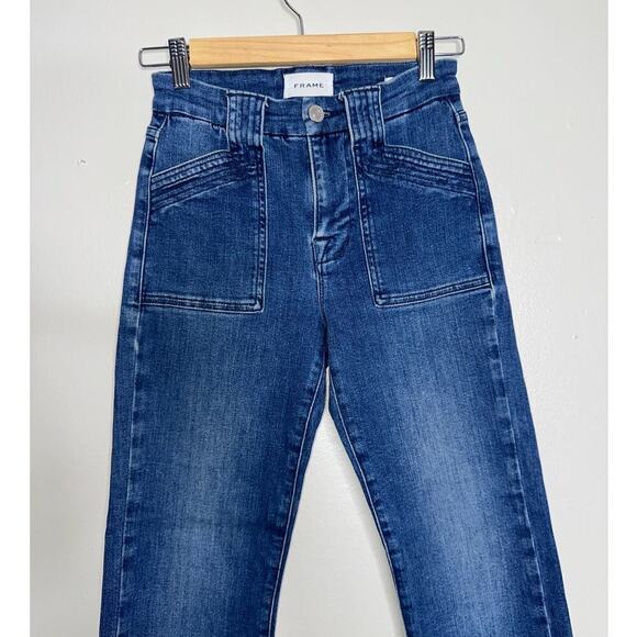 FRAME Le High Straight Trapunto Aurora Patch Pocket Jeans Raw Hem Size 25 - Picture 3 of 8